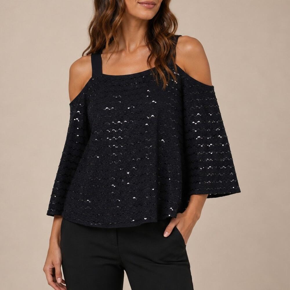 Clara Sun Woo Shimmer Cold Shoulder Top Womens M Black Party Cocktail Sparkle
